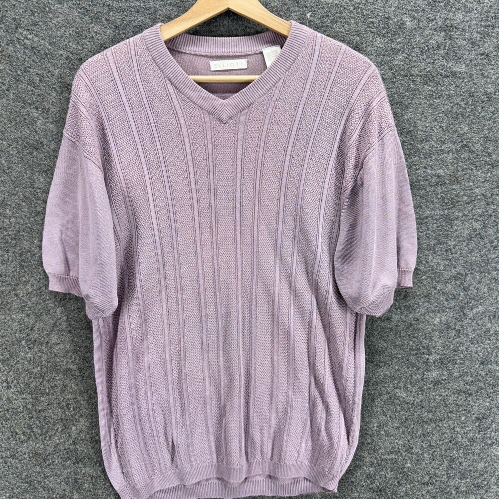 Elliott Sweater Pullover Women L Large Purple Knit V-Neck Short Sleeve Cotton